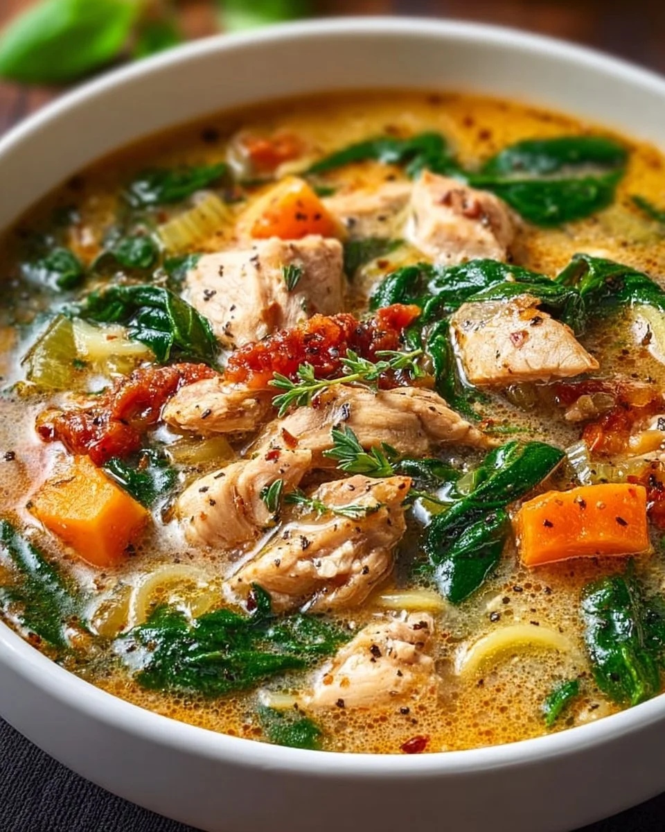 Bowl of Marry Me Chicken Soup with Spinach, garnished and ready to serve.