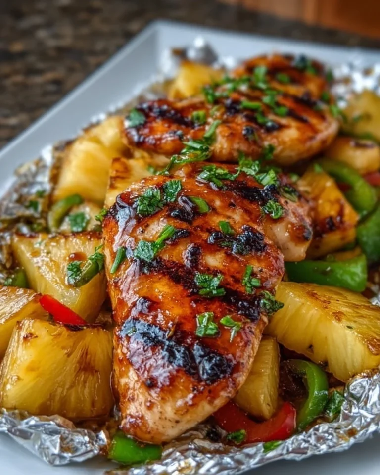 Teriyaki chicken with pineapple in foil packets ready for grilling.