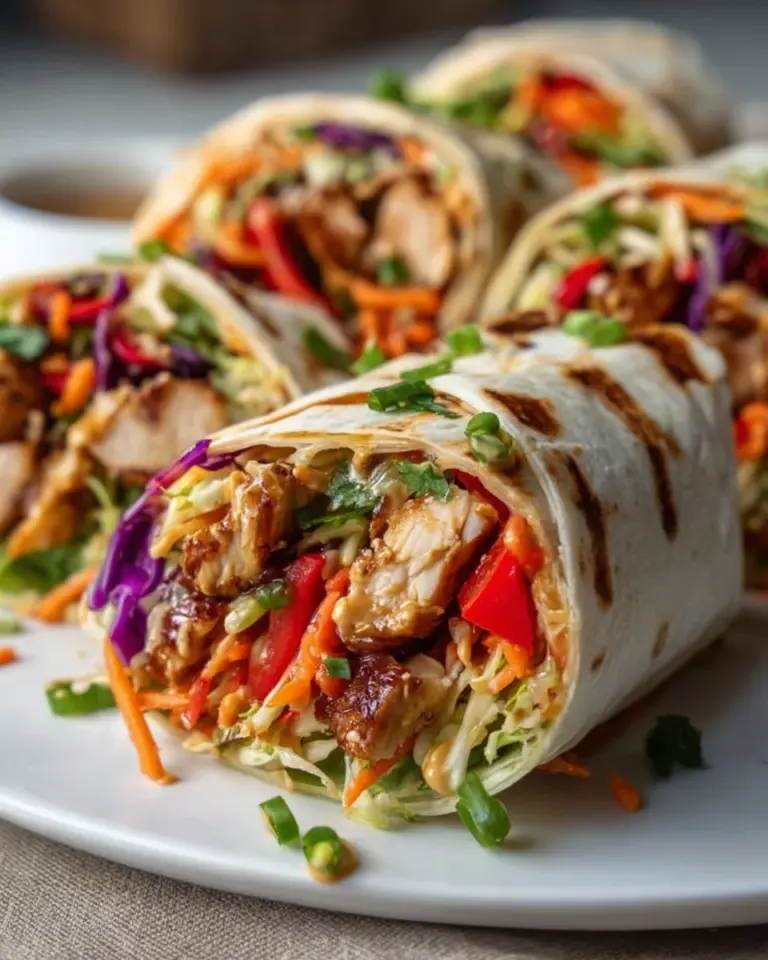 Delicious Thai chicken wraps with fresh vegetables and herbs