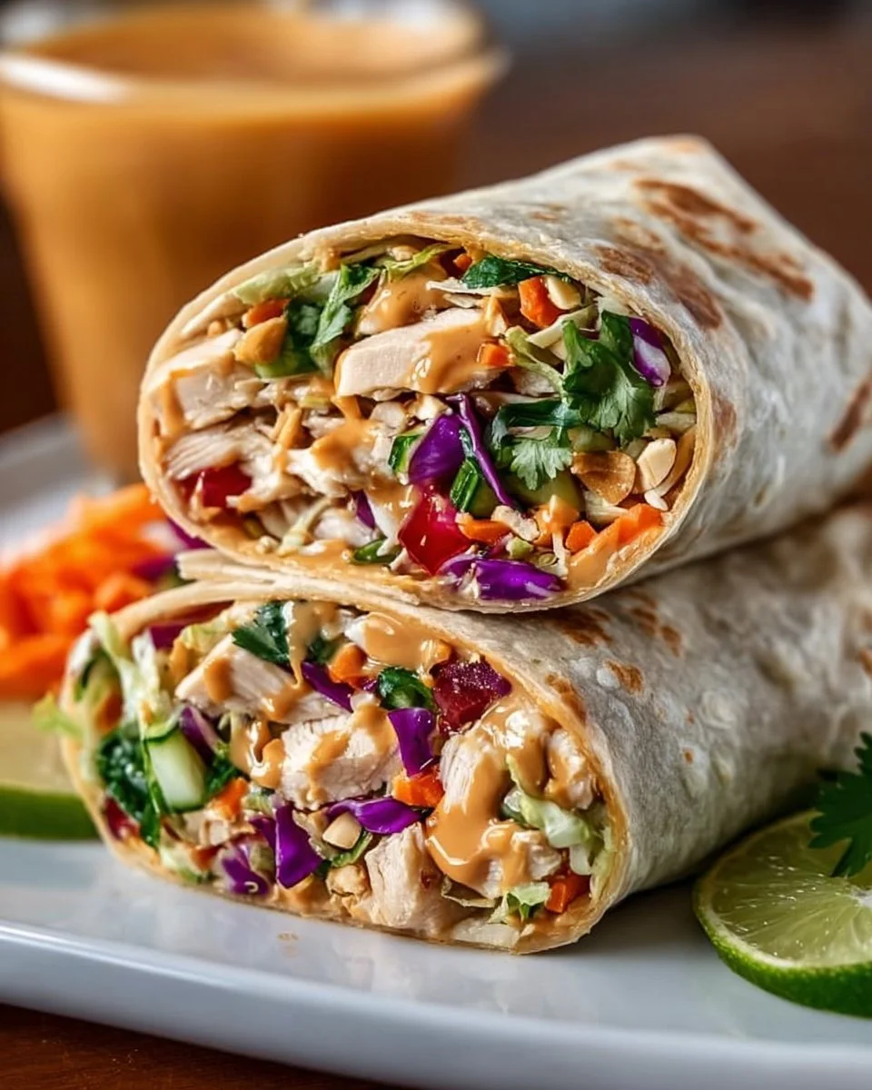 Thai Peanut Chicken Wraps served with fresh vegetables and dipping sauce