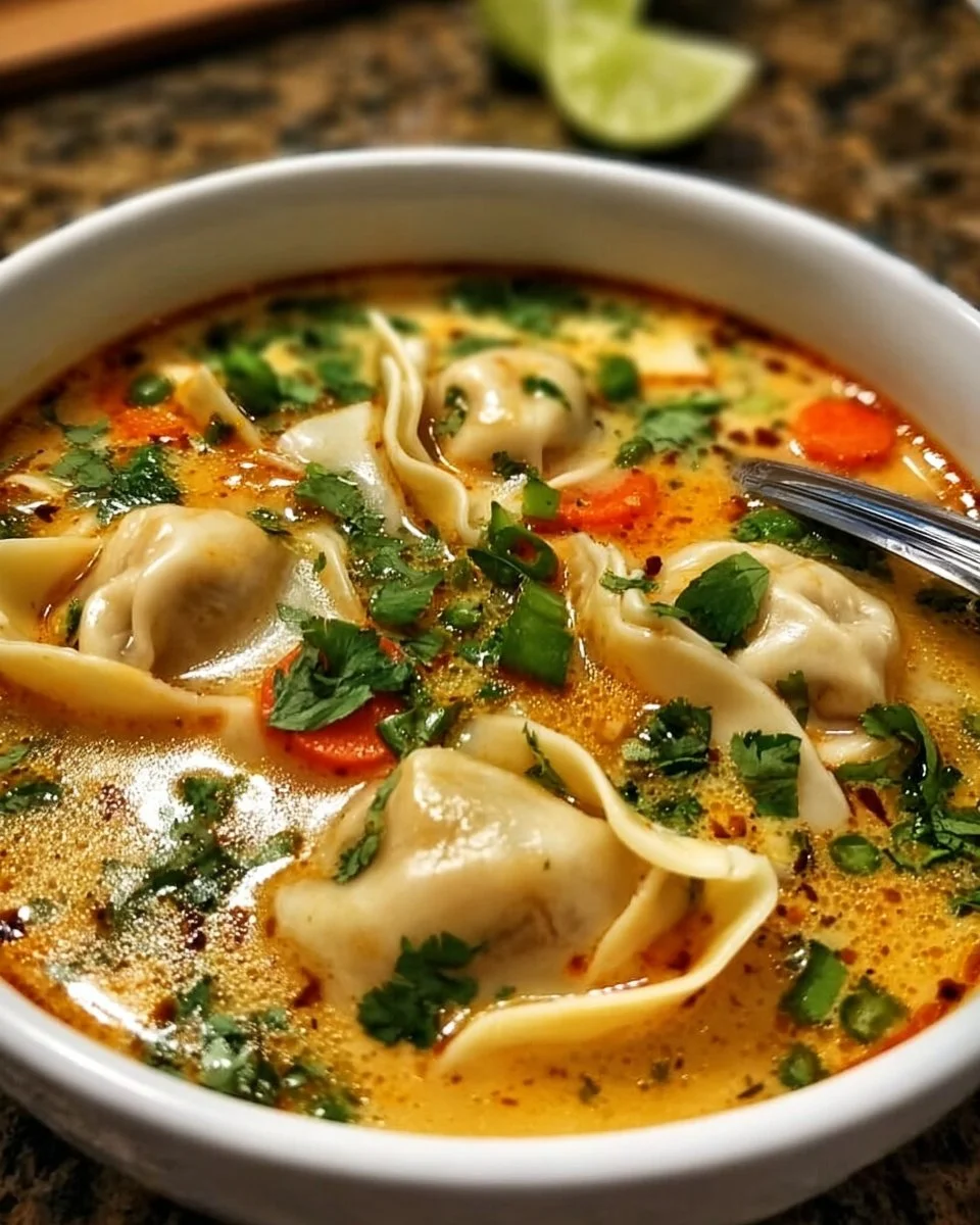 Bowl of Thai potsticker soup with fresh herbs and dumplings