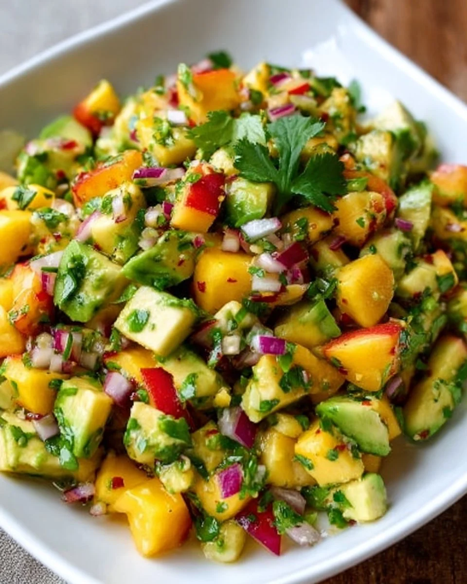 A vibrant bowl of avocado peach salsa with fresh ingredients