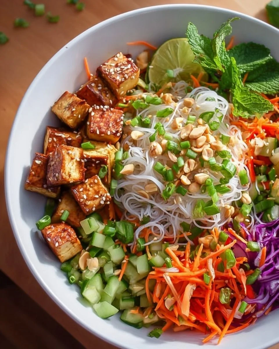 Delicious Tofu Spring Roll Salad served with fresh vegetables and dipping sauce.