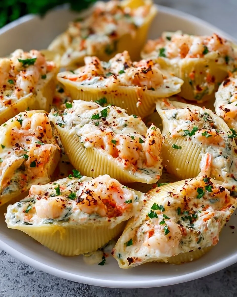 Plate of ultimate seafood stuffed shells filled with shrimp, crab, and cheese.