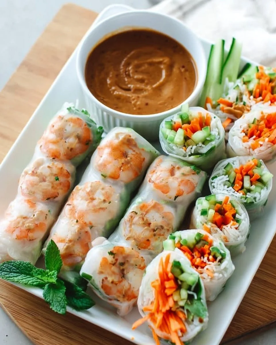 Vietnamese healthy spring rolls served with creamy peanut butter sauce
