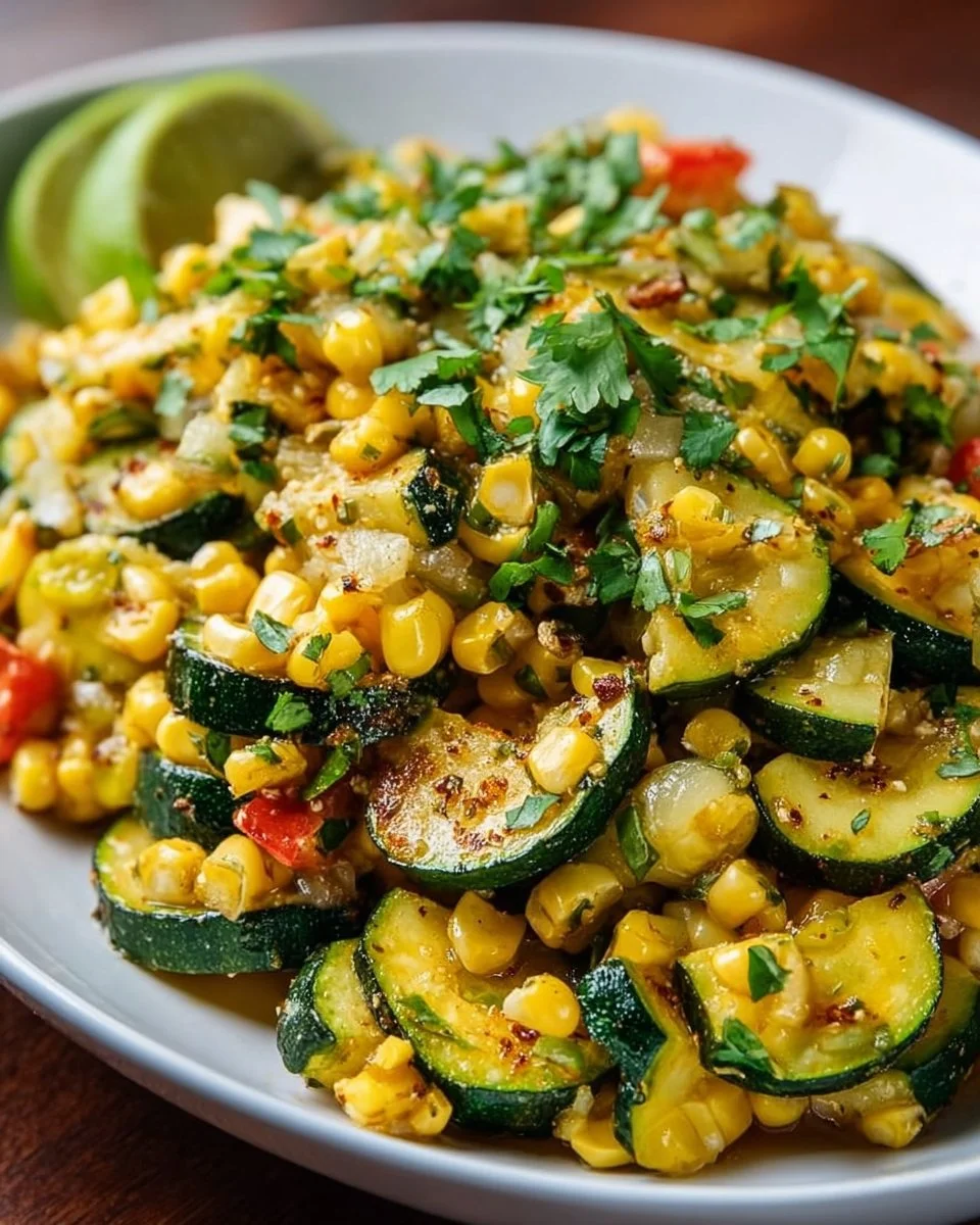 Colorful bowl of Calabacitas made with zucchini and corn