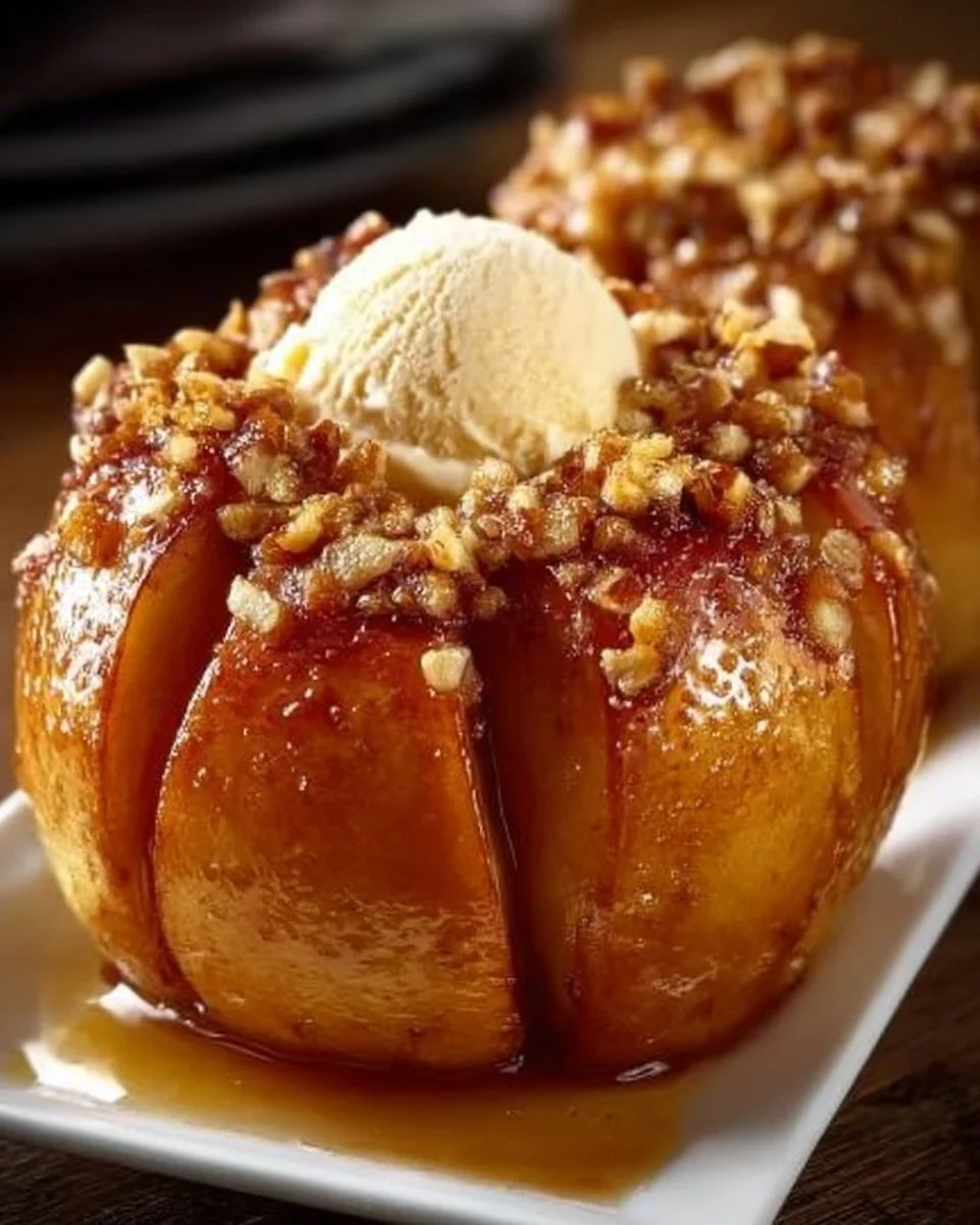 Delicious baked bloomin apples with a caramel glaze and cinnamon topping