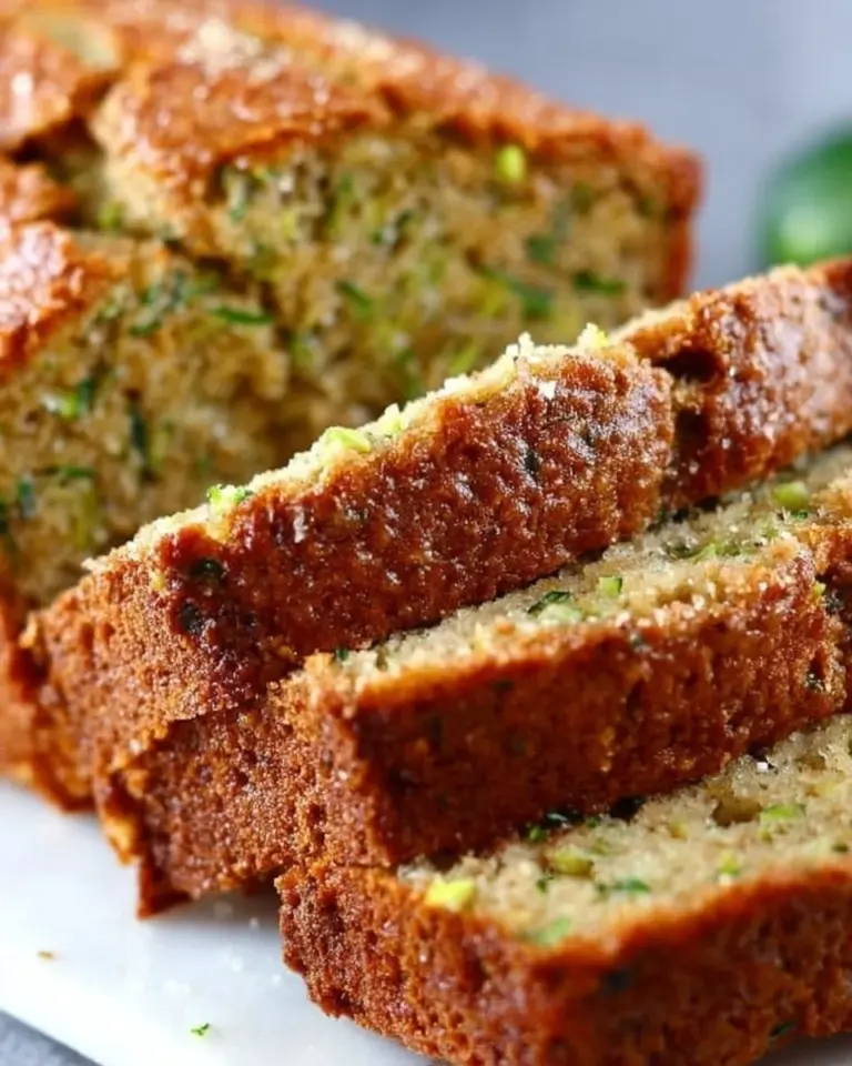 Slice of moist zucchini bread on a wooden cutting board