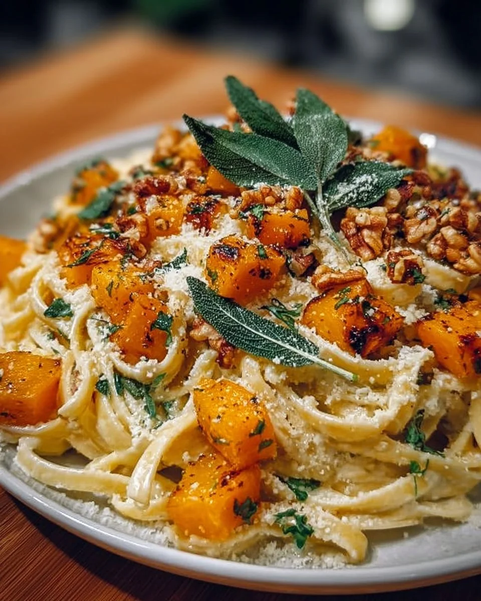 Butternut squash pasta with sage topped with parmesan cheese