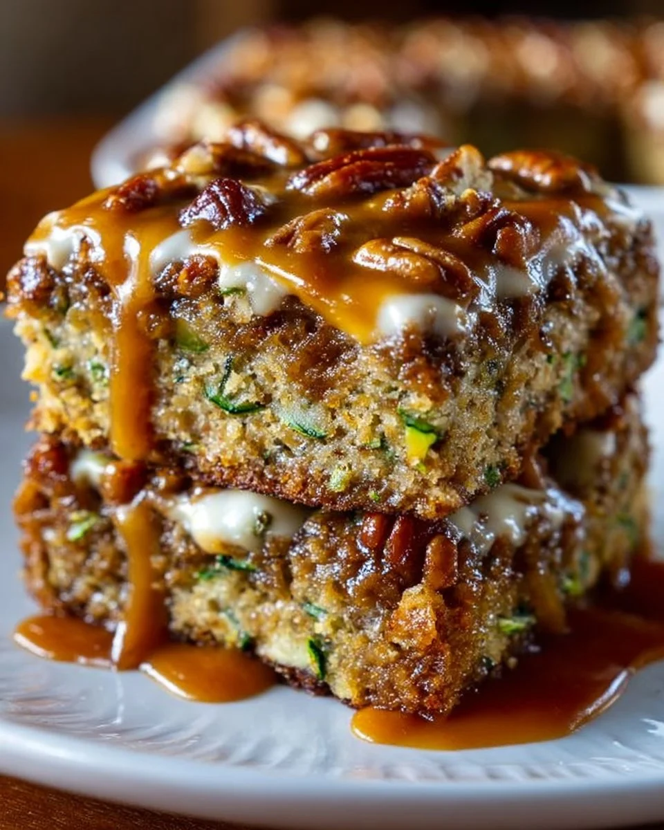 Delicious Caramel Frosted Zucchini Pecan Bars served on a plate
