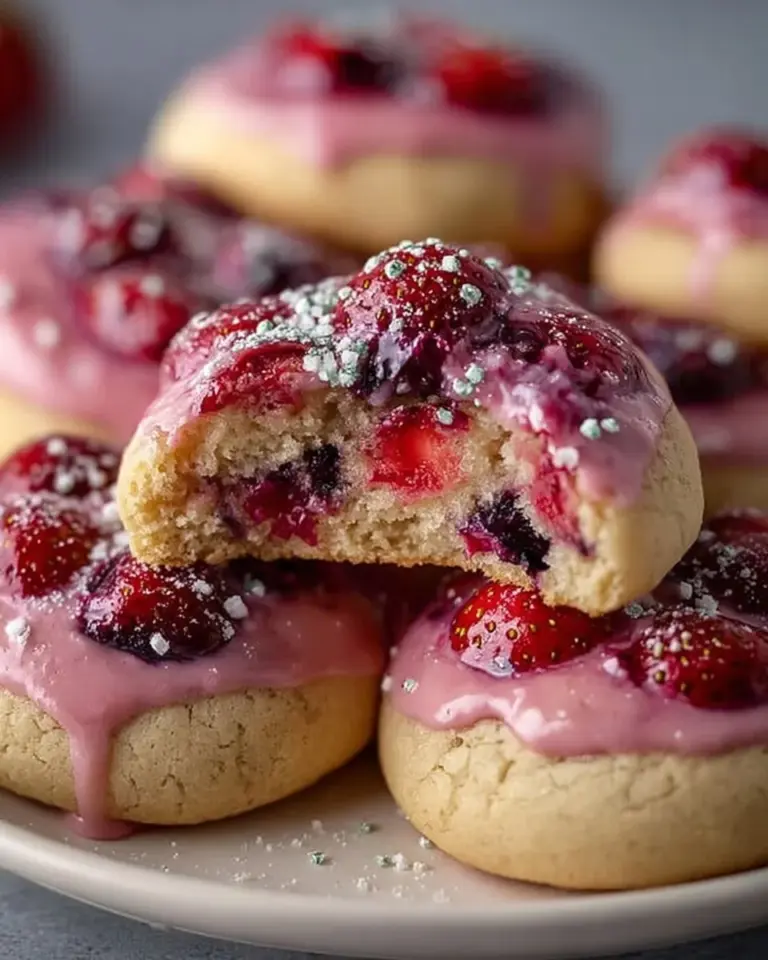 Freshly baked Cherry Strawberry Cookies on a plate