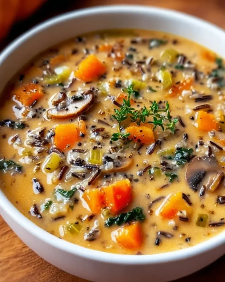 Bowl of cozy autumn wild rice soup with fresh herbs and vegetables