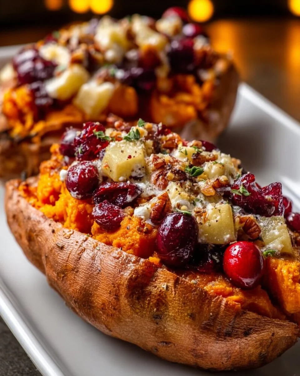 Cranberry Apple Twice-Baked Sweet Potatoes served on a plate