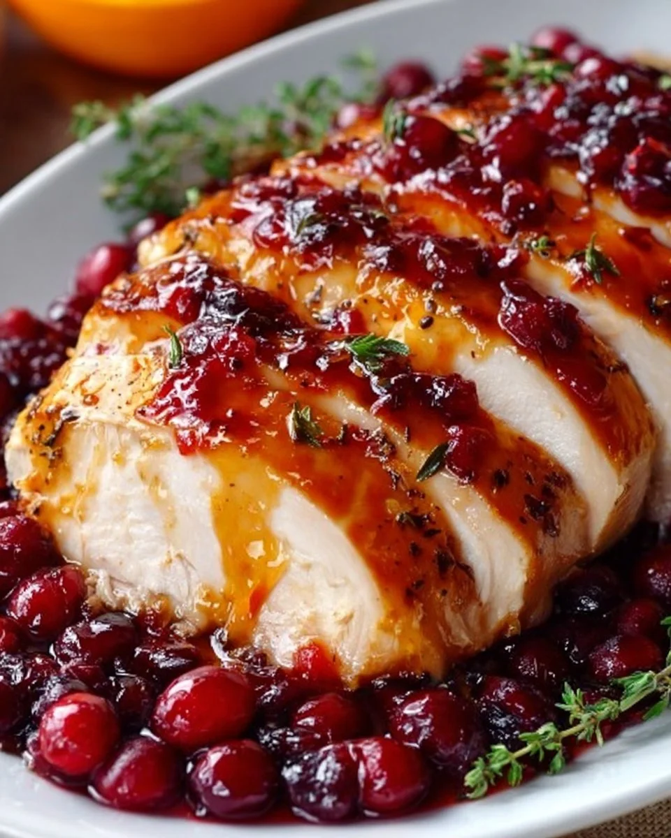 Cranberry Orange Glazed Turkey Breast served on a festive dinner table