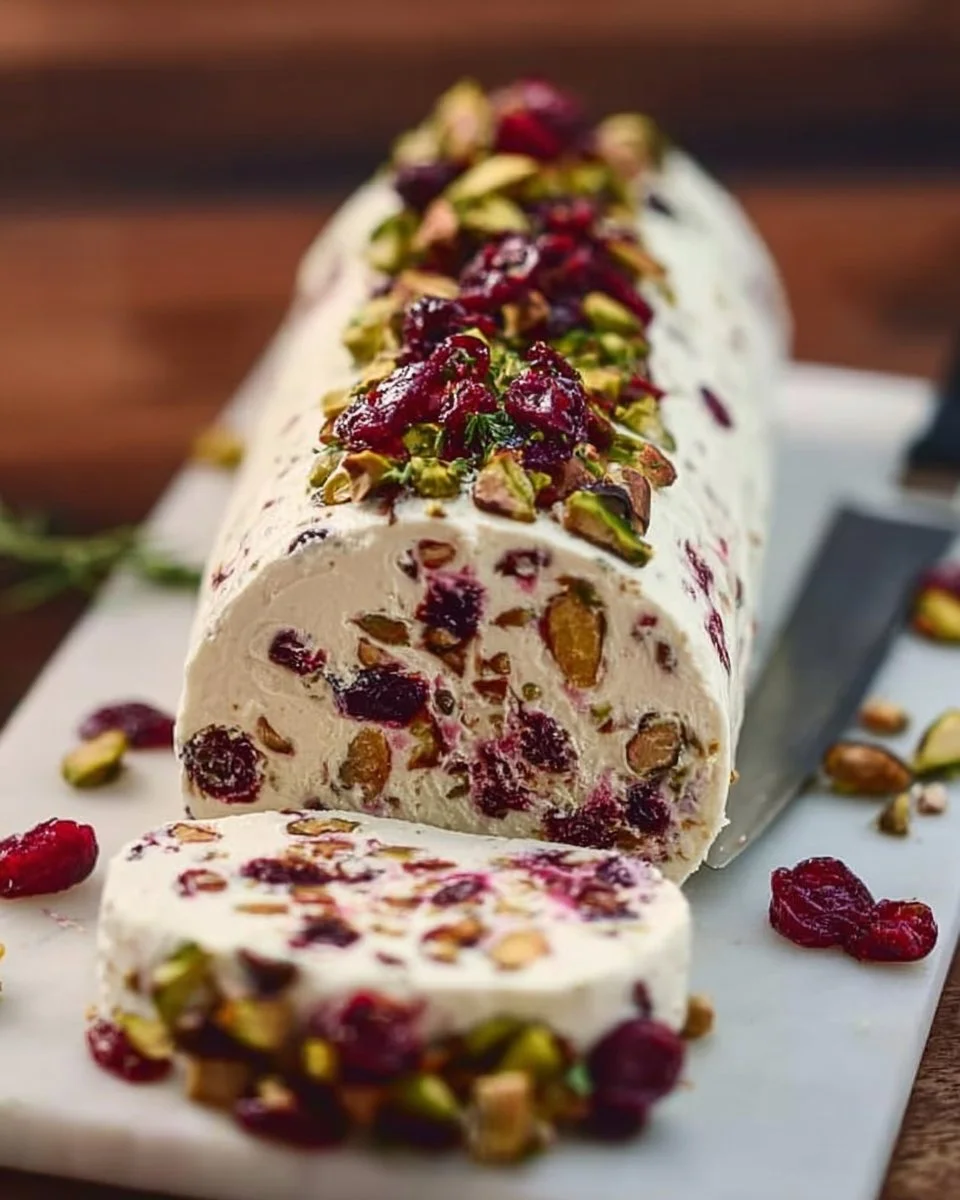 Cranberry Pistachio Fig Cheese Log served on a wooden platter
