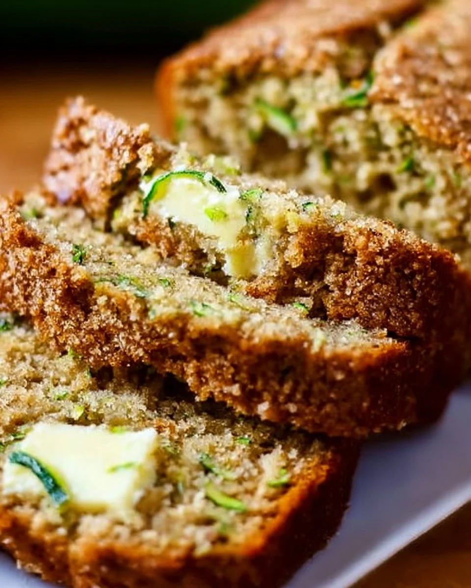 Loaf of easy moist zucchini bread on a wooden cutting board.
