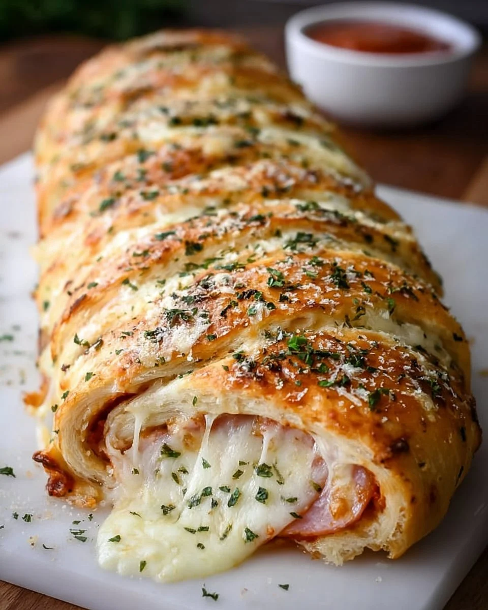 Homemade Stromboli filled with cheese, pepperoni, and vegetables.