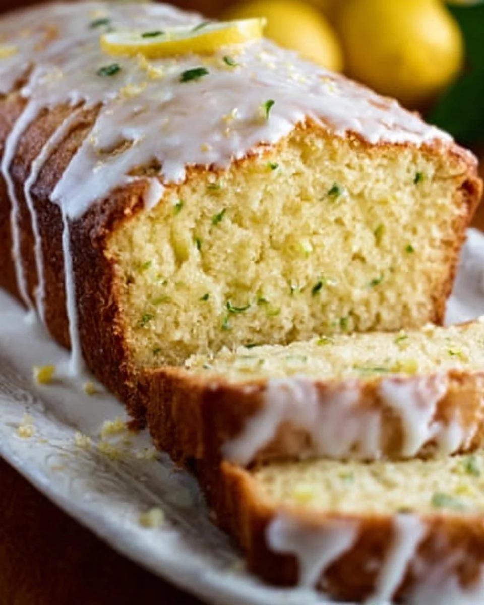 Homemade lemon zucchini bread topped with tangy lemon glaze on a wooden table