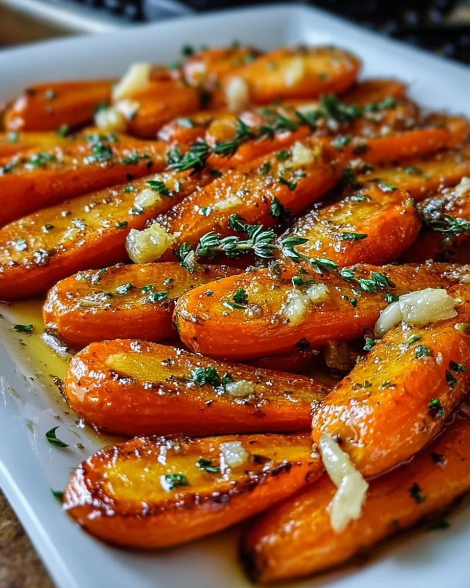 Honey garlic butter roasted carrots served in a dish