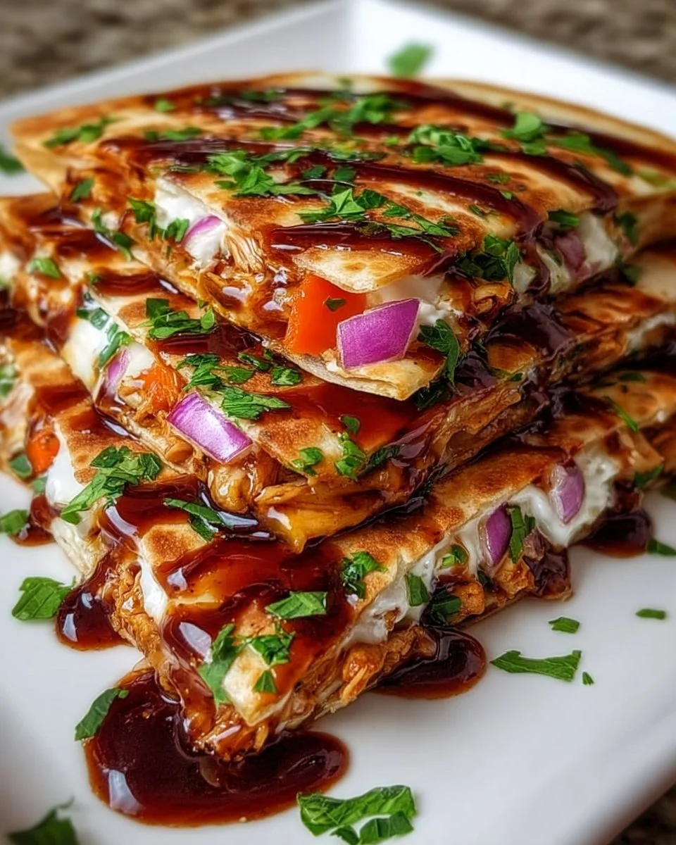 Delicious Hot Honey BBQ Chicken Quesadillas served with dipping sauce