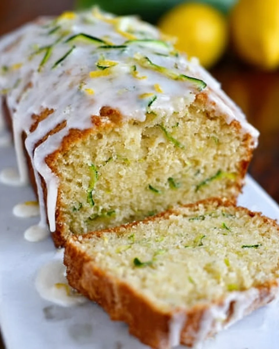 Moist lemon zucchini cake topped with lemon glaze and garnished with lemon slices