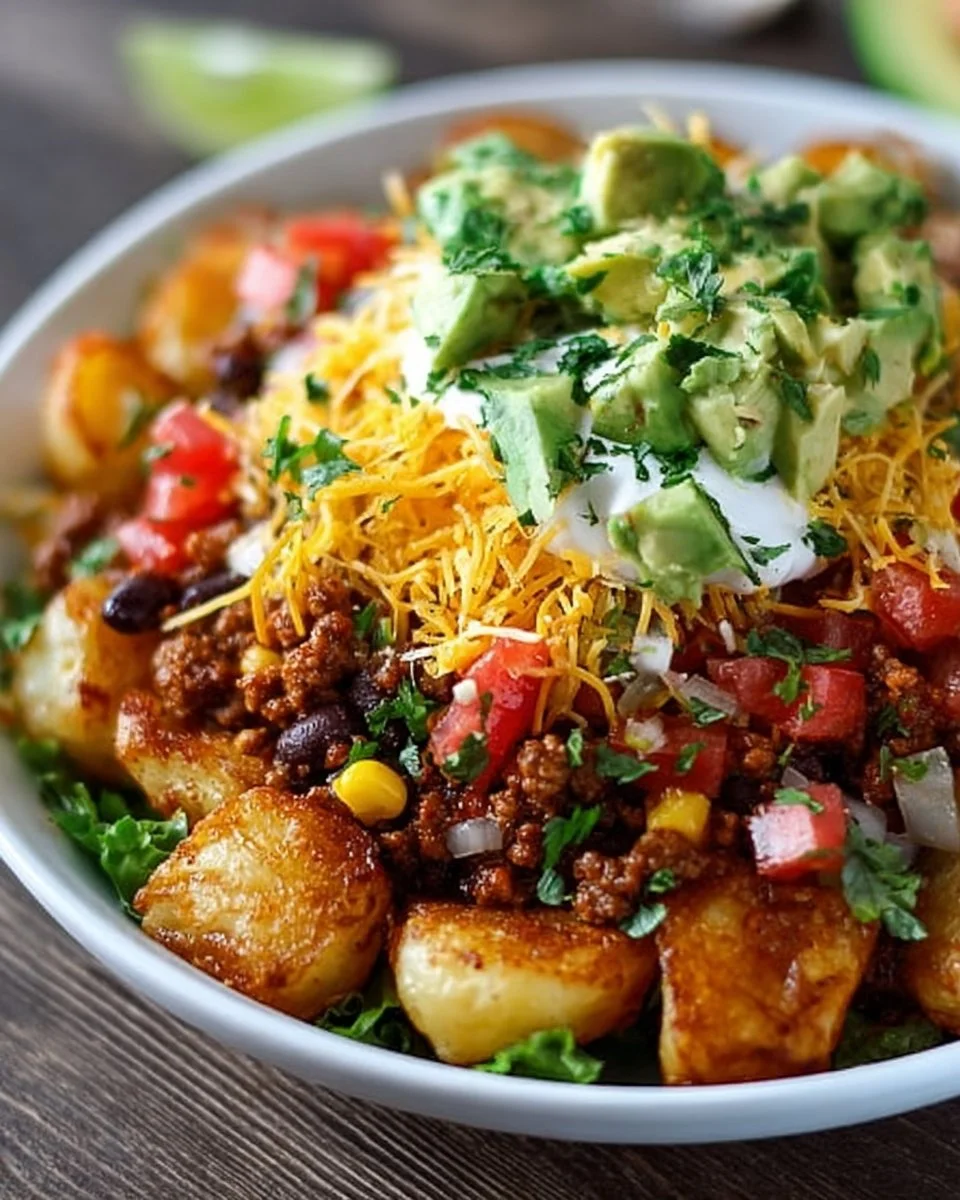 Delicious Loaded Potato Taco Bowl with crispy potatoes and fresh toppings