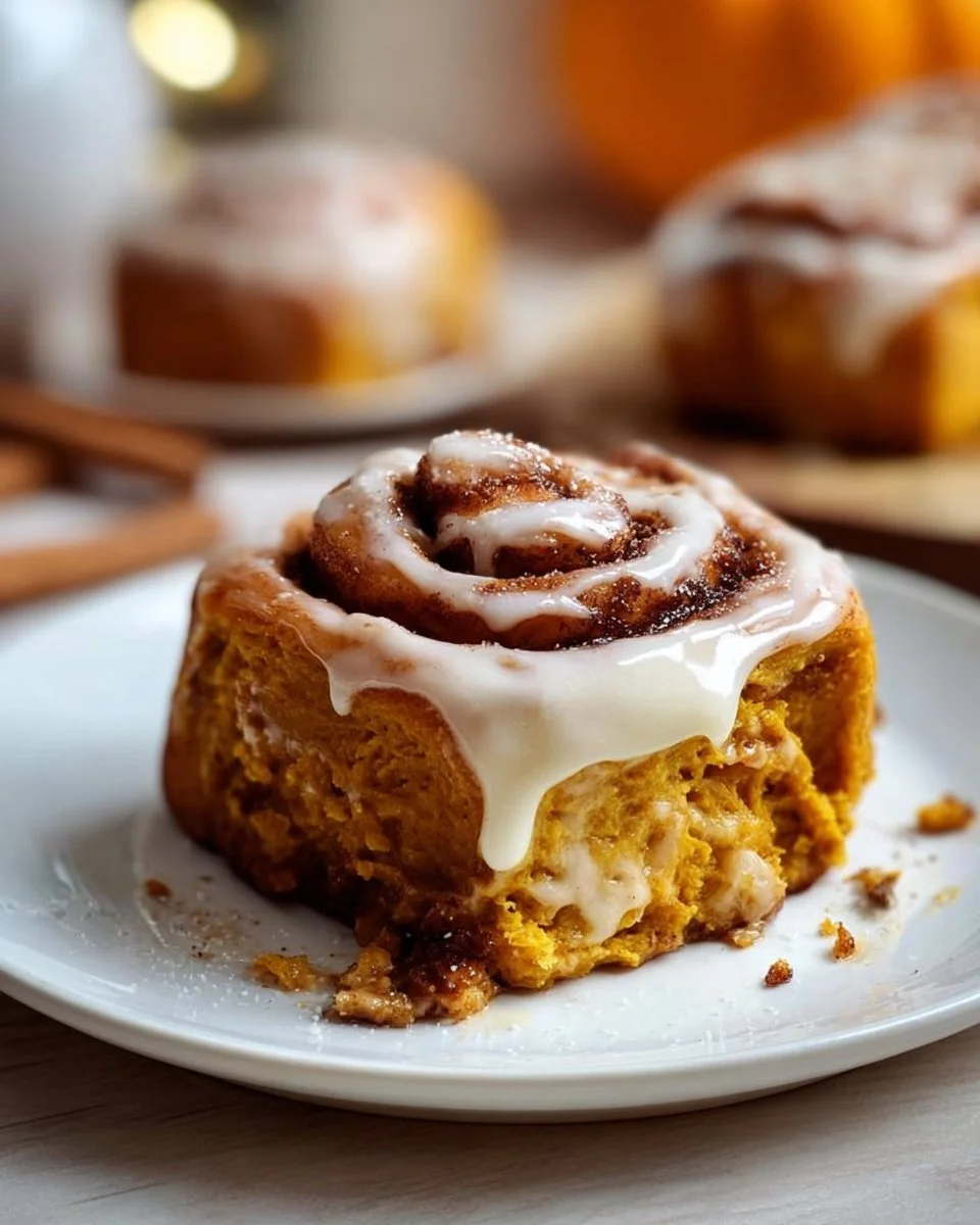 Freshly baked pumpkin cinnamon rolls with icing, a delicious fall treat