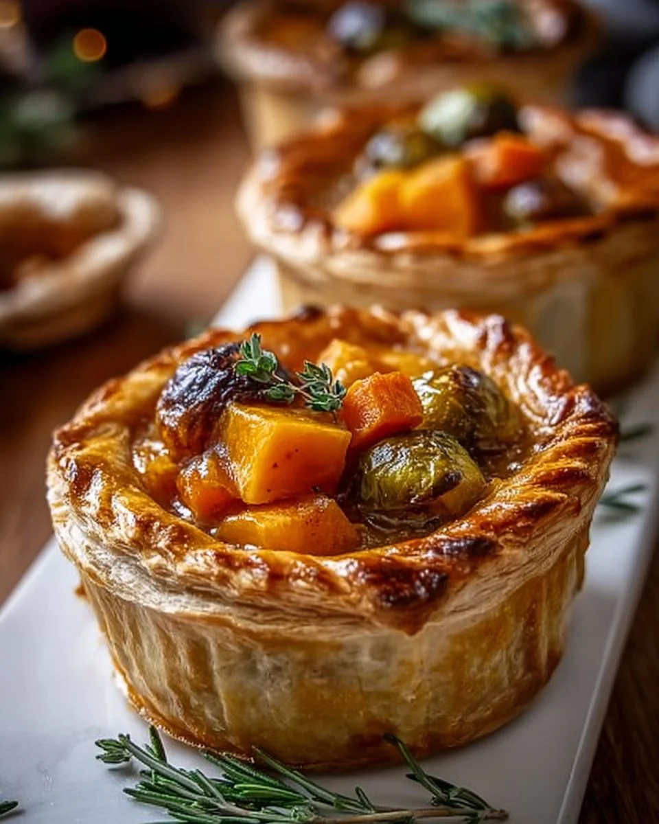 Delicious roasted autumn vegetable pot pies served with herbs and spices.