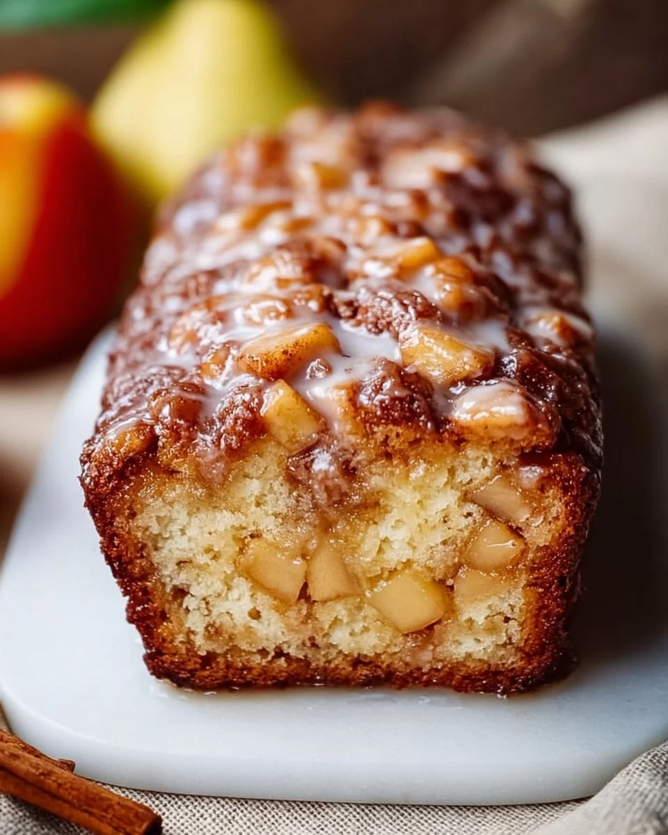 Loaf of spiced apple fritter bread topped with glaze and spices.