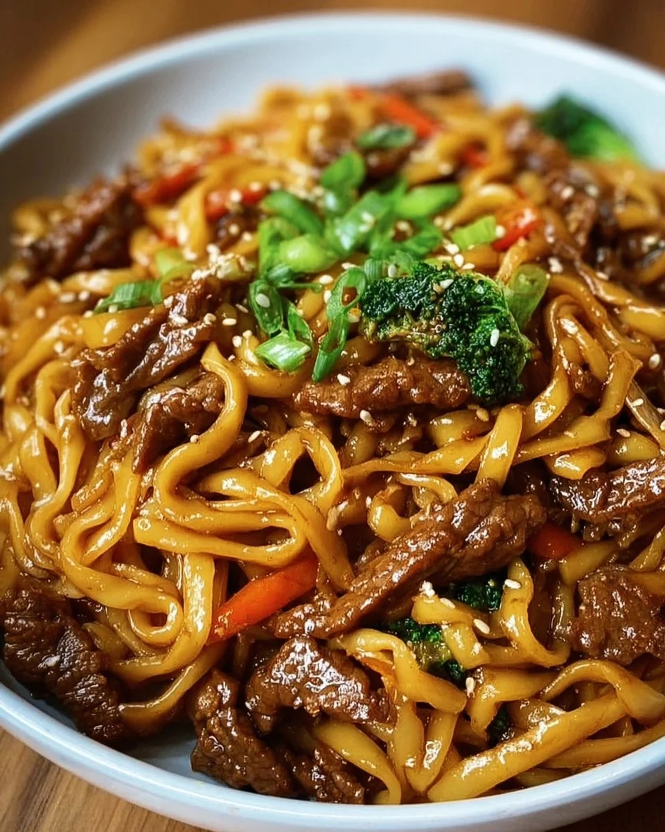 Delicious sticky beef noodles with tender beef and savory sauce