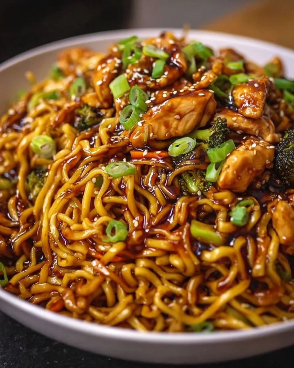 Plate of Sticky Garlic Chicken Noodles garnished with fresh herbs