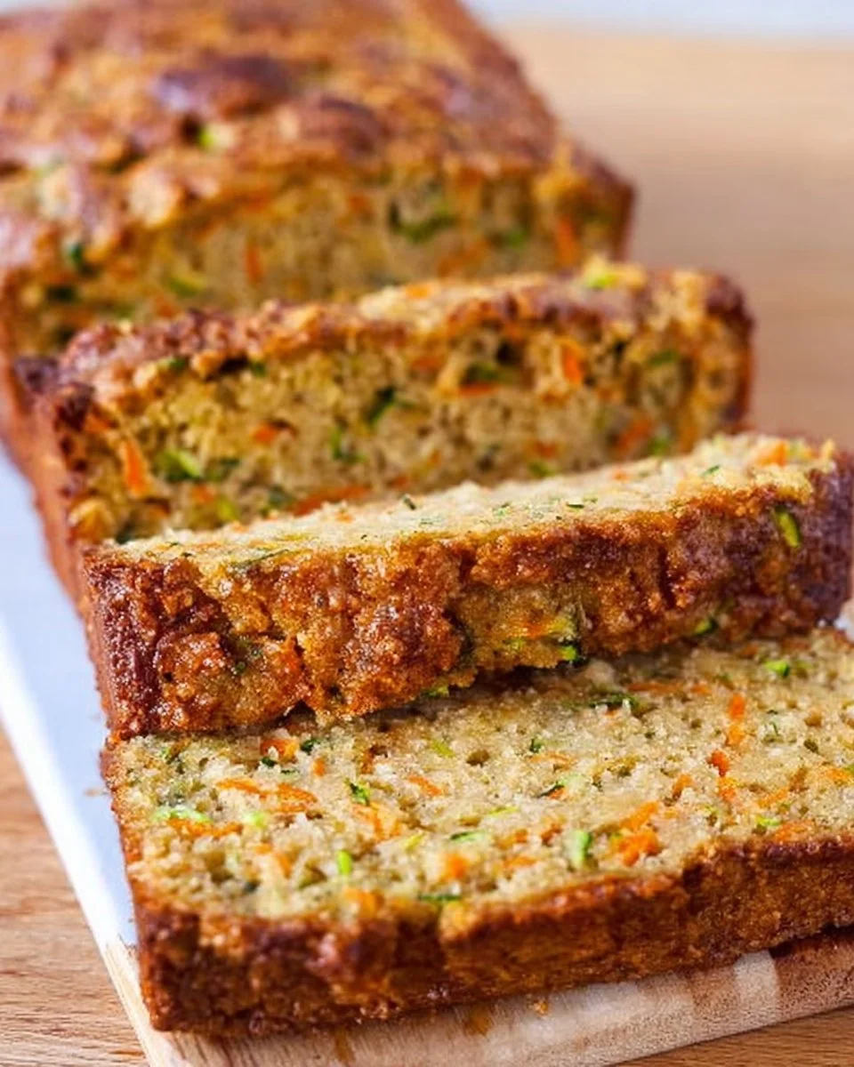 Loaf of zucchini carrot bread with slices cut, showcasing its moist texture.