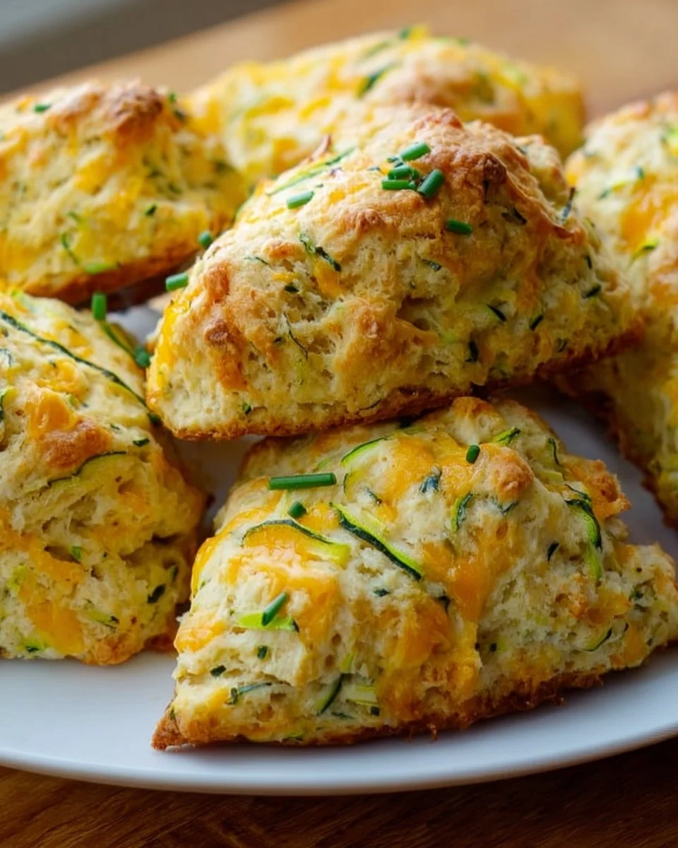Freshly baked Zucchini Cheddar Scones with herbs and cheese on a cooling rack.