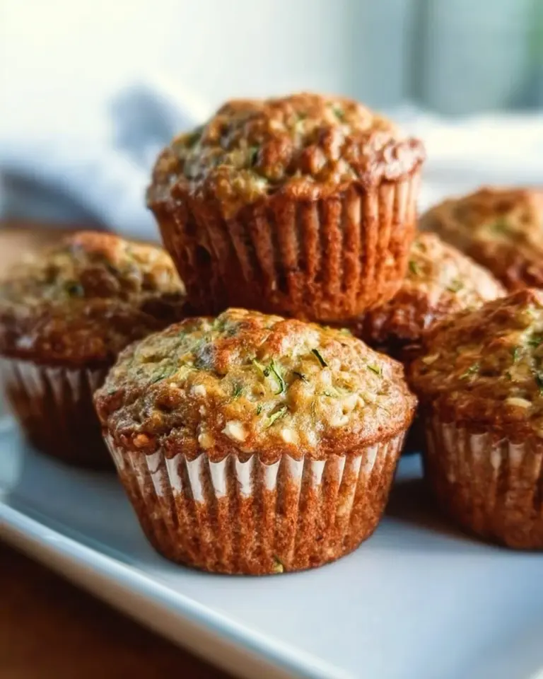 Delicious homemade Zucchini Oatmeal Muffins on a wooden table