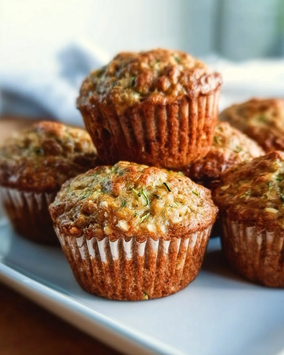 Delicious homemade Zucchini Oatmeal Muffins on a wooden table