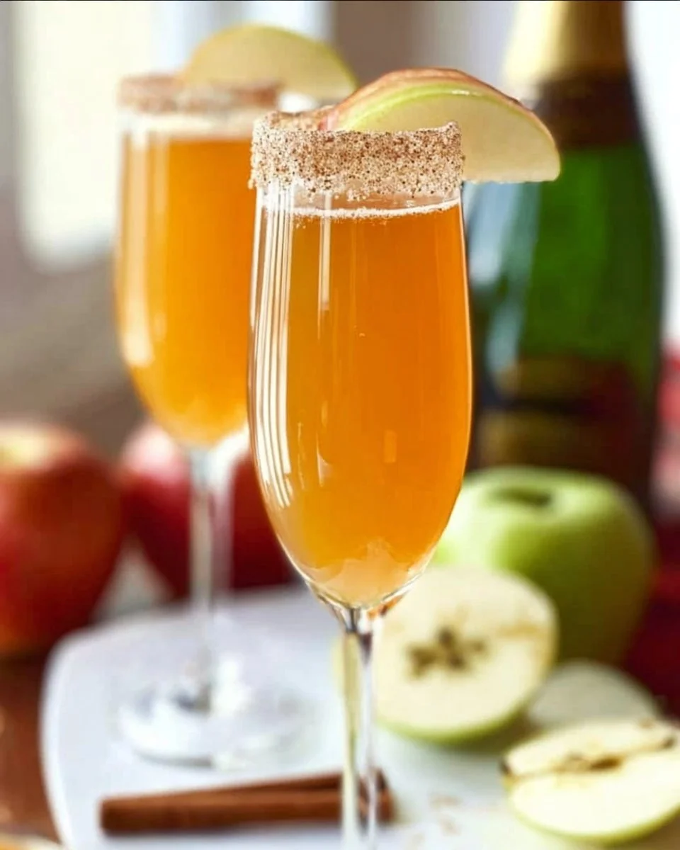 Delicious Apple Cider Mimosas in a glass with autumn decorations