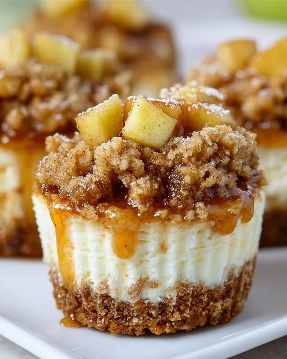 Delicious Apple Crisp Mini Cheesecakes topped with crunchy apple topping.