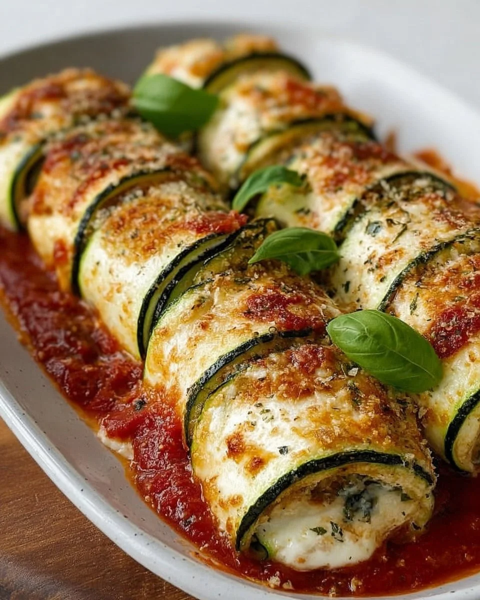 Baked zucchini roll ups filled with cheese and herbs, served on a plate.