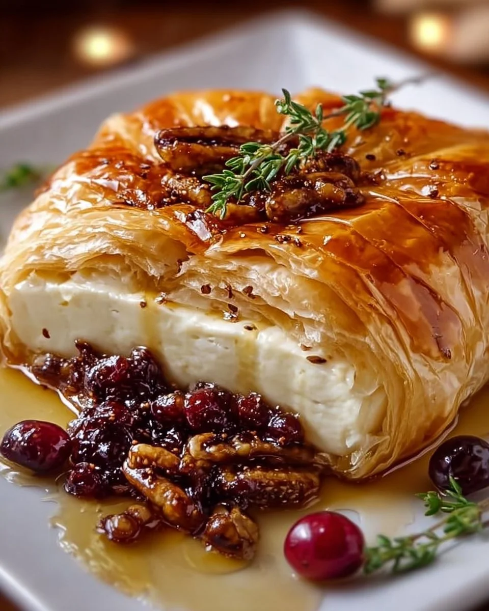 Baked brie puff pastry topped with figs, honey, and cranberries