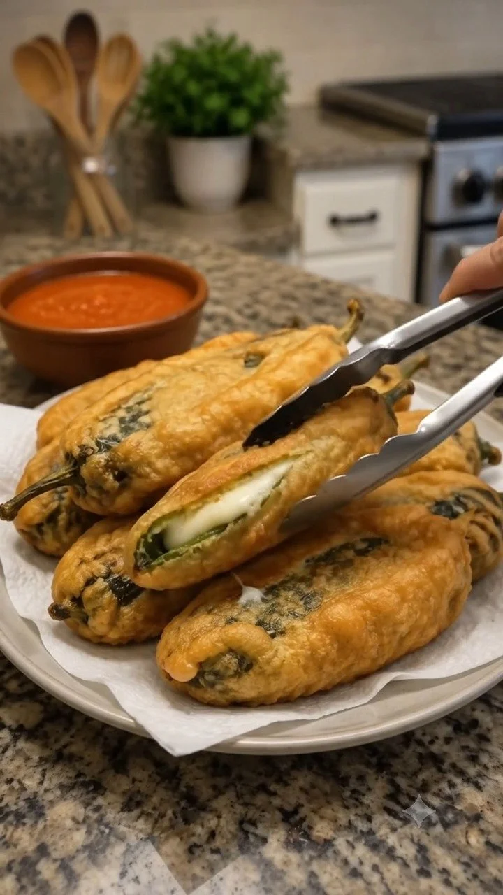 Plate of cheese stuffed peppers filled with melted cheese and herbs