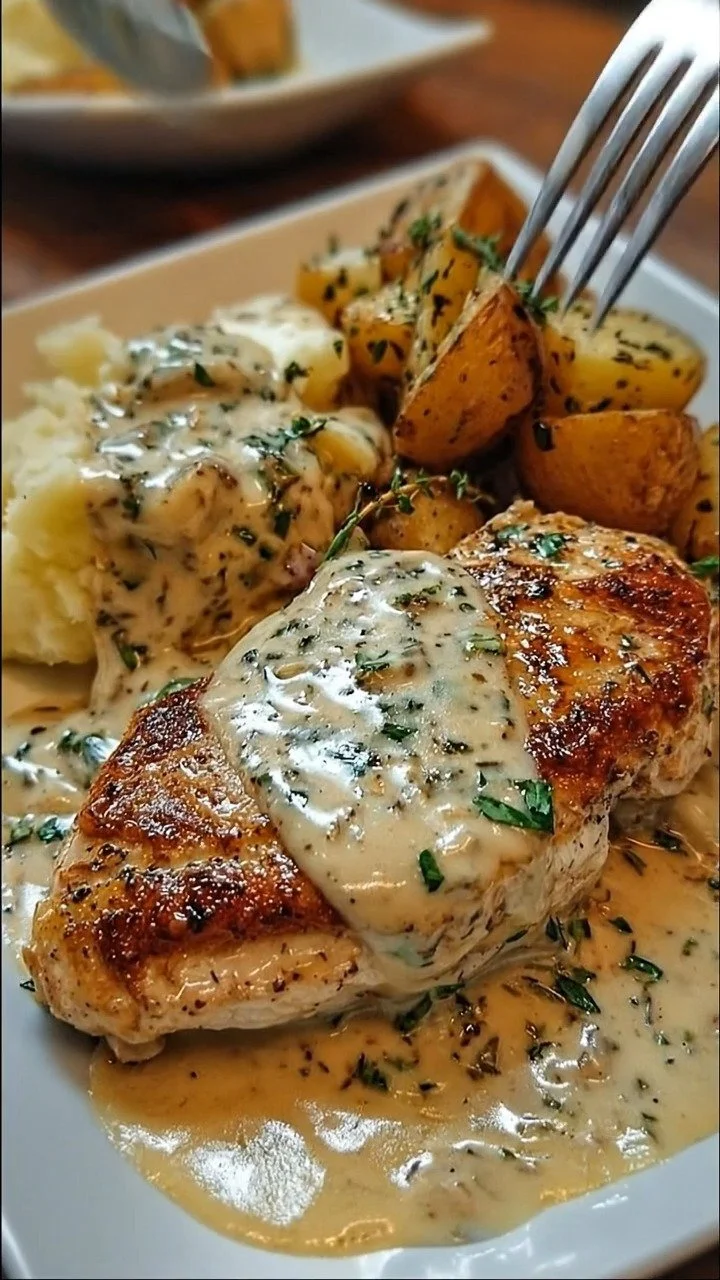 Chicken and potatoes with garlic parmesan cream sauce served on a plate