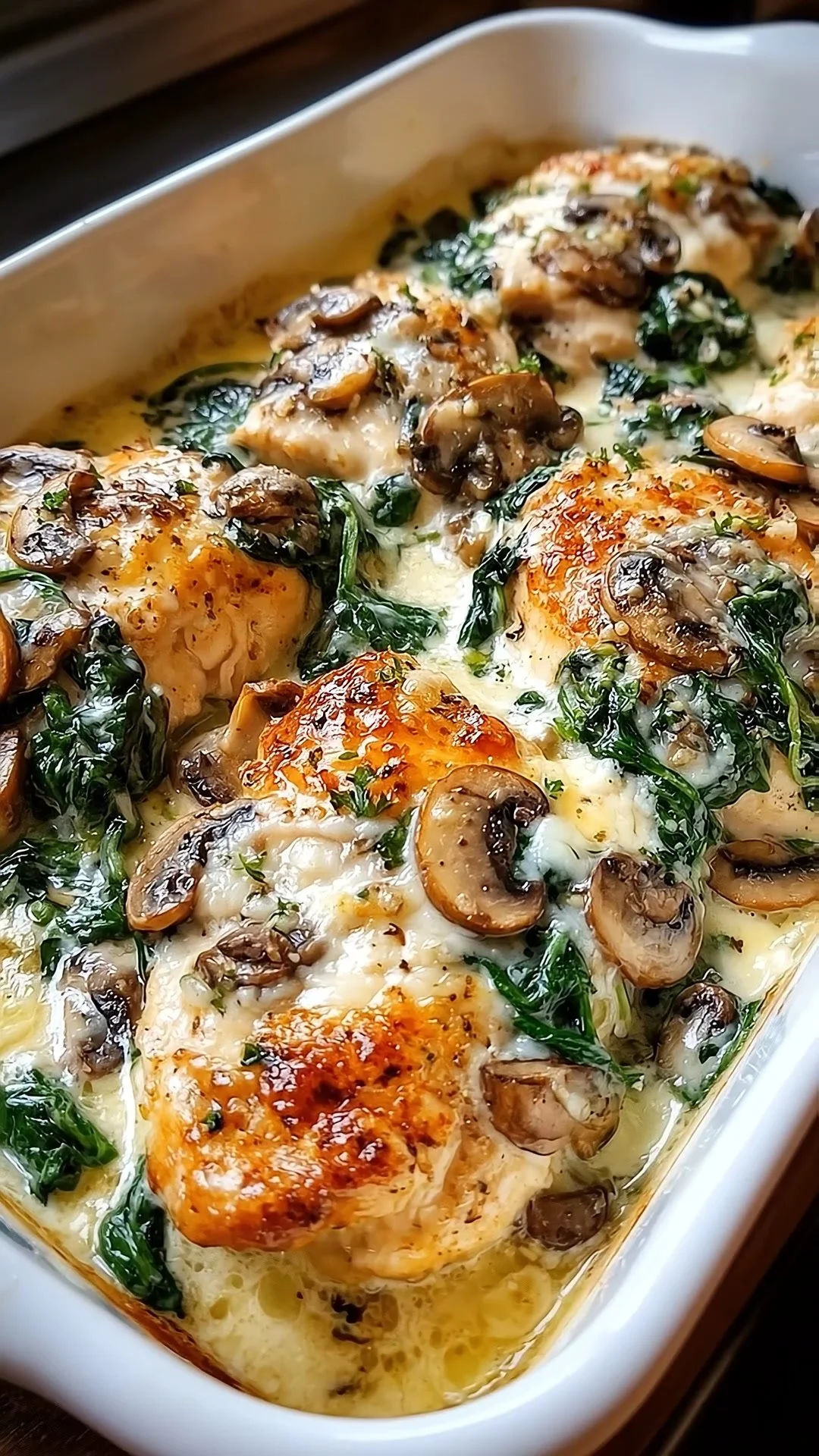 Chicken, spinach, and mushroom low-carb oven dish for a healthy dinner.