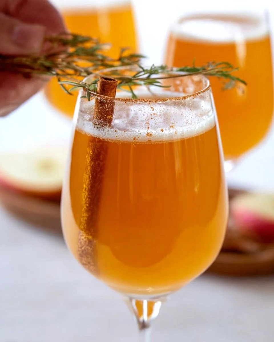 Cinnamon apple cider mimosa served in a glass with cinnamon and apple garnishes.