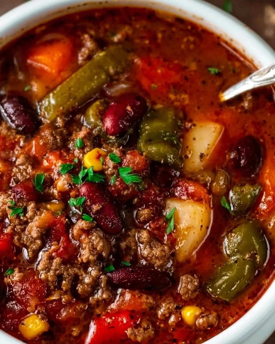 Bowl of hearty Cowboy Soup with vegetables and beans