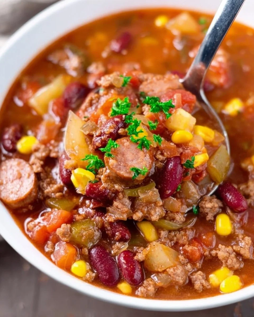 Bowl of delicious Cowboy Stew with meat and vegetables