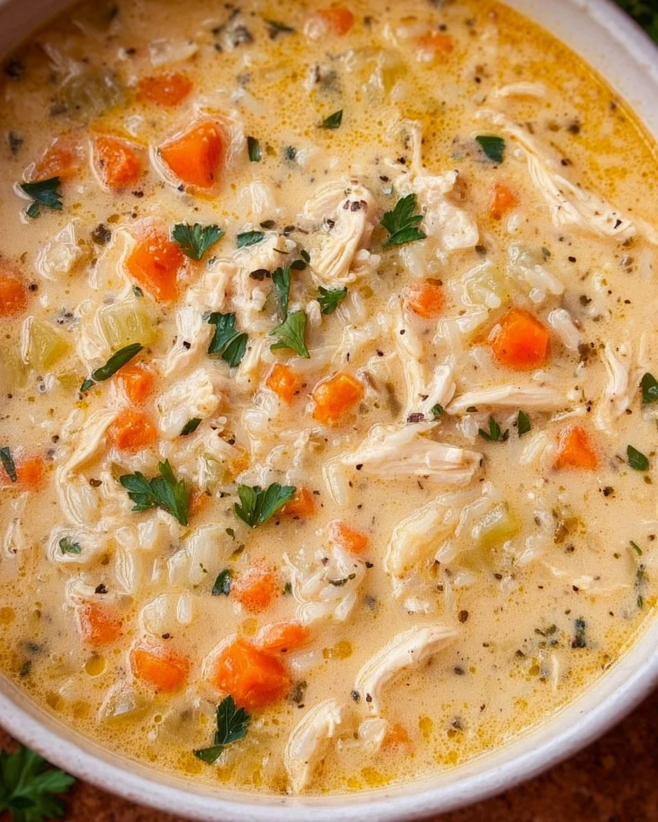 Bowl of creamy chicken and rice soup topped with fresh herbs