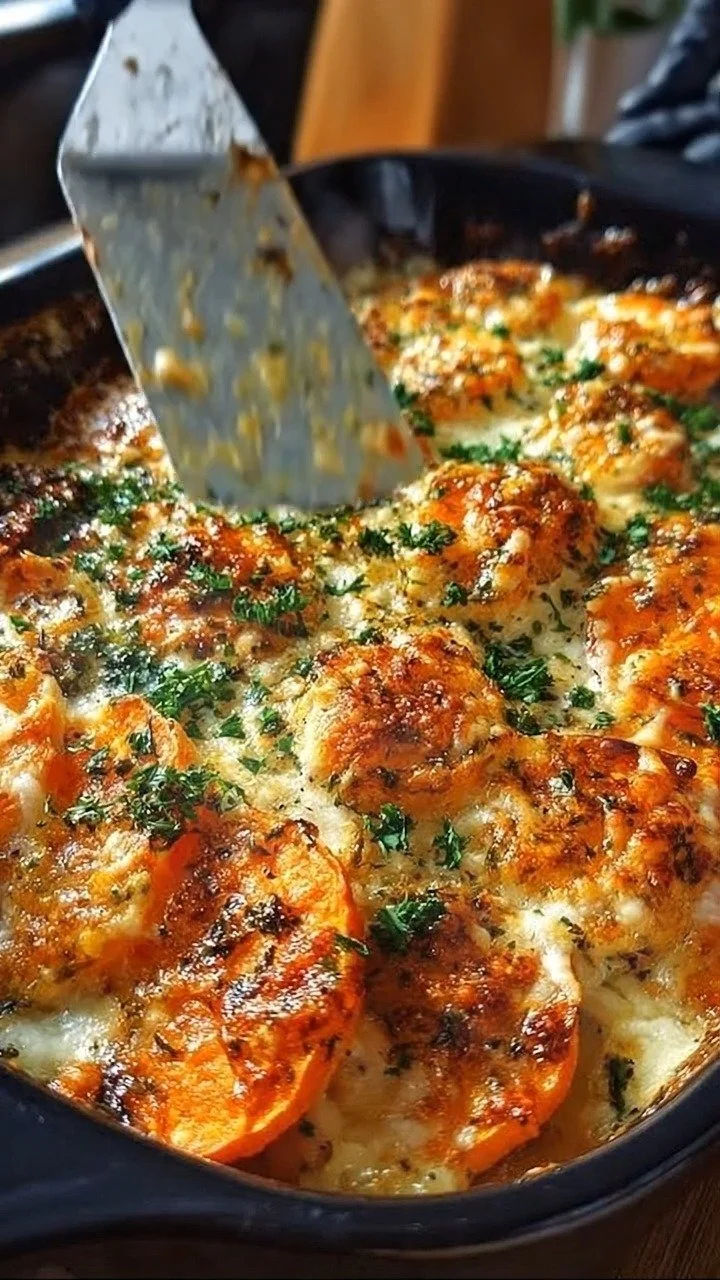 Creamy garlic and herb sweet potato gratin in a baking dish