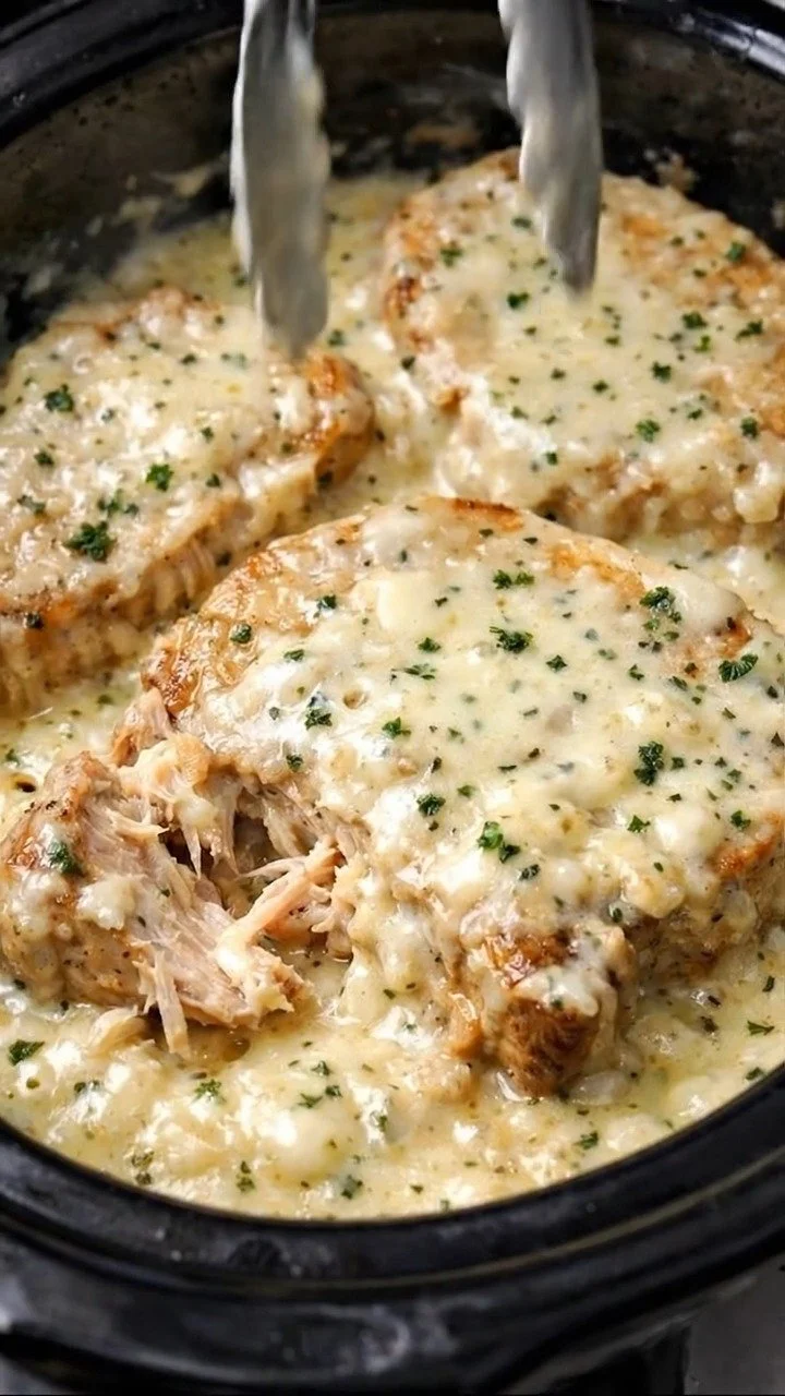 Creamy slow cooker chicken dish served in a bowl with garnishes