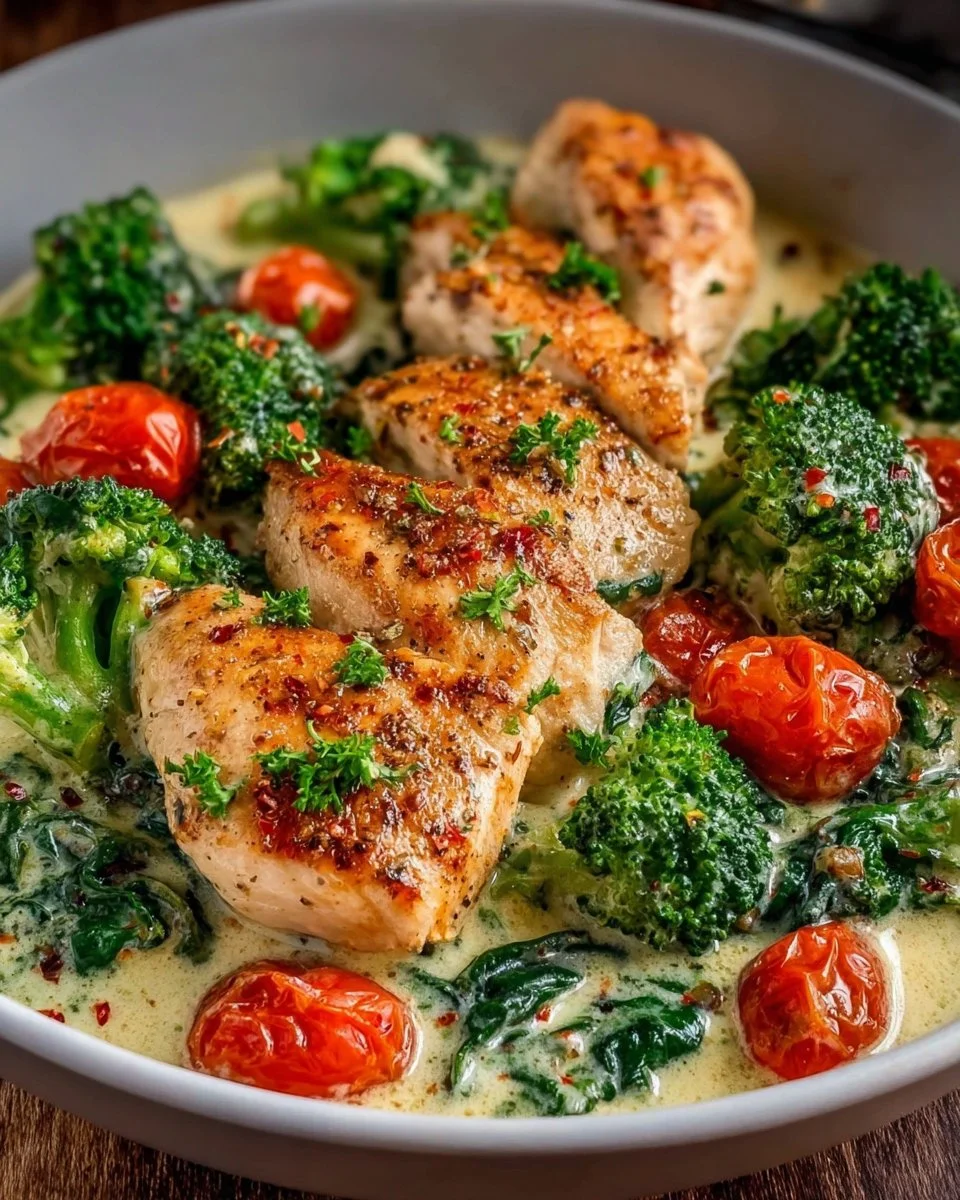 Creamy Tuscan garlic chicken served with fresh herbs and vegetables