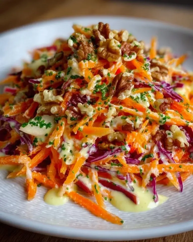 Crispy apple carrot salad with creamy citrus dressing served in a bowl